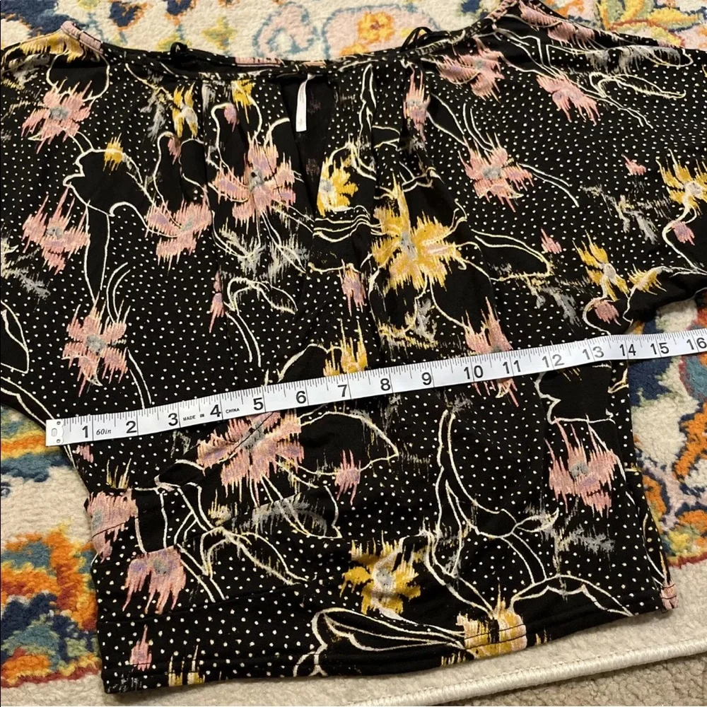Free People One Last Time Black Floral Draped Bell Sleeve Top Size Small